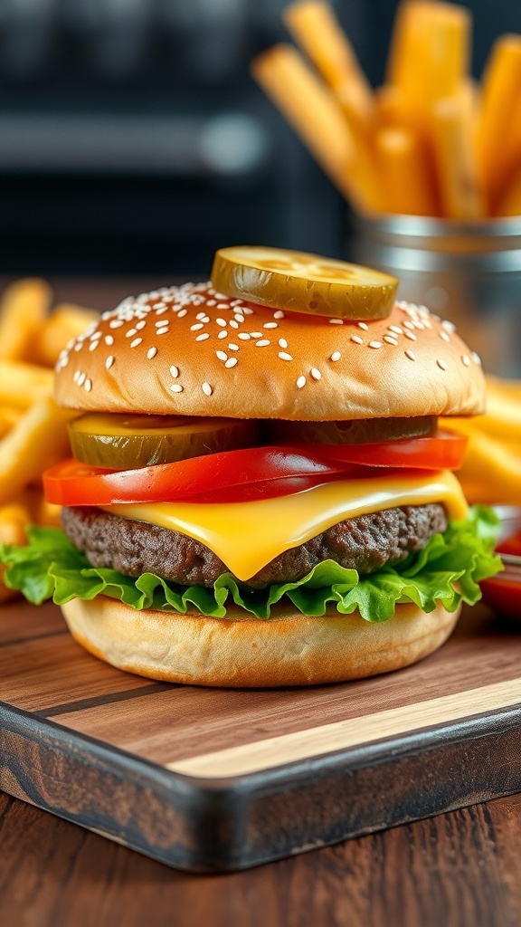 A classic 5 Guys style hamburger with beef patty, cheese, lettuce, tomato, and pickles on a toasted bun, served with fries.